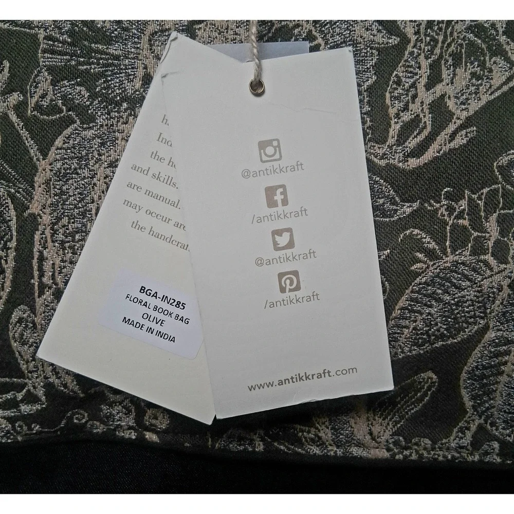 antik kraft isabella's blossom floral jacquard book tote olive green 11x15x6.5